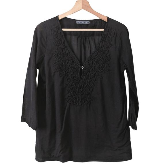 Velvet Black V-Neck Embroidered Lightweight Travel Summer Top Crochet Small S - Picture 1 of 7